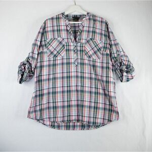 Bit & Bridle Plaid Tunic Women 1X Pink Green Roll Tab Sleeve Cotton Top Country